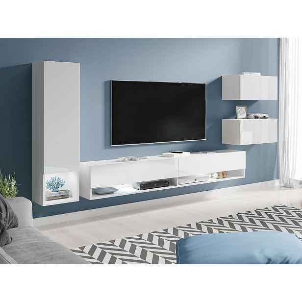 Moderní obývací stěna Amenity, bílá/bílý lesk + LED podsvícení HELCEL
