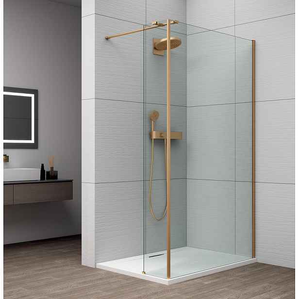 Polysan ESCA GOLD MATT sprchová zástěna s instalací ke stěně 1200mm a přídavným panelem 385mm, čiré sklo