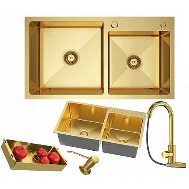 Nerezový dřez 2-komorový 78x45 cm zlatý Set baterie dávkovač sifon