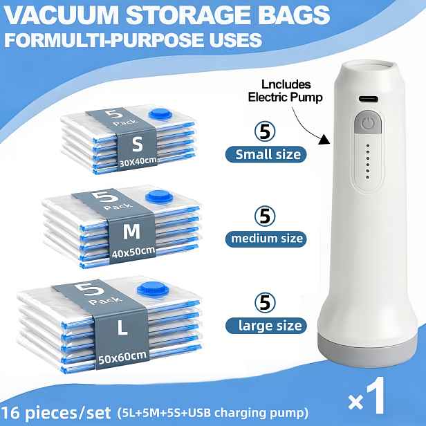 TEMU 16 ks/sada - Různé velikosti, vakuové kompresní sáčky a USB elektrická vzduchová pumpa, s nabíjecím , 1500mAh ultra dlouhá výdrž baterie,