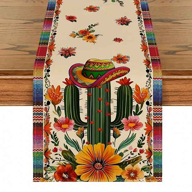 TEMU 1 ks, Lněný ubrus s kaktusy, klobouky sombrero a květinami pro mexické De Mayo, sezónní sváteční dekorace do kuchyně a jídelny pro domácí párty