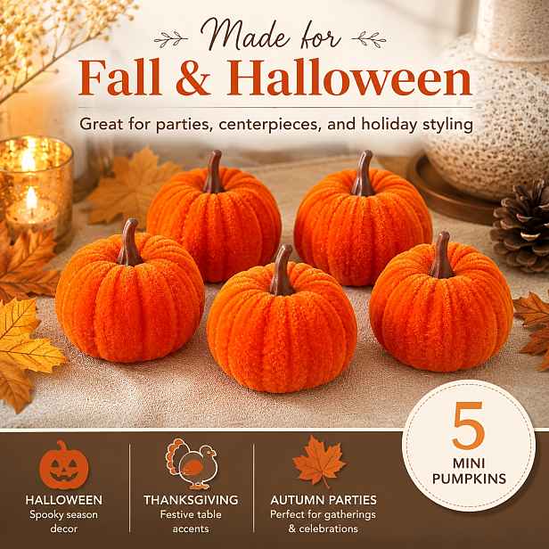 TEMU 5 ks Mini Umělé Dýně - Flanelový Materiál Oranžové Umělé Dýně, Vhodné pro Podzimní a Halloweenskou Výzdobu, Na Stůl, K Kamnům Ozdobu na Svátky a