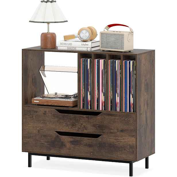 Stojan Na Gramofon Retro Costway Skříňka Na Vinyl 4 Přihrádky Hnědá