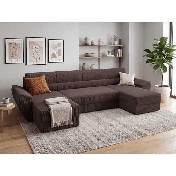 AKCE Rozkládací sedací souprava do U TAVERO 321x140 cm, hnědá II. jakost