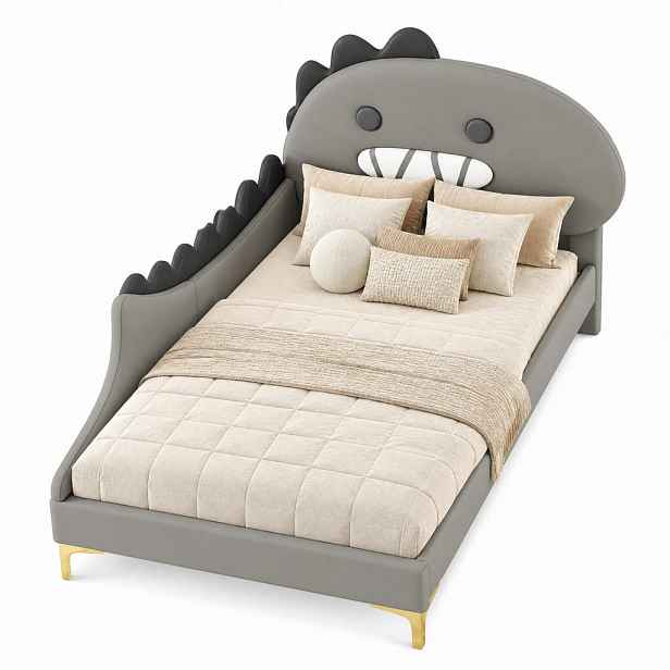 CHICFURN DĚTSKÁ POSTEL 90/200 cm v šedé barvě s čelem ve tvaru dinosaura z PU