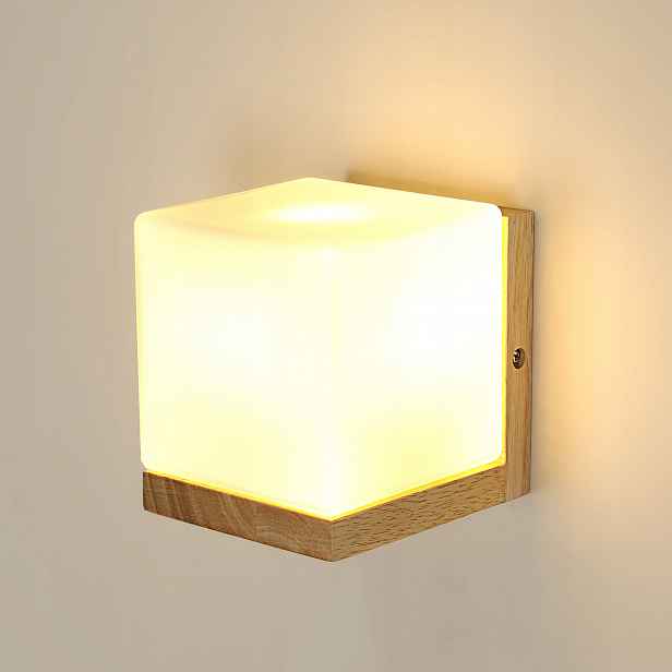 Nástěnné Svítidlo E27 Lampa Čtverec Dřevo Sklo Retro Loft Do Ložnice