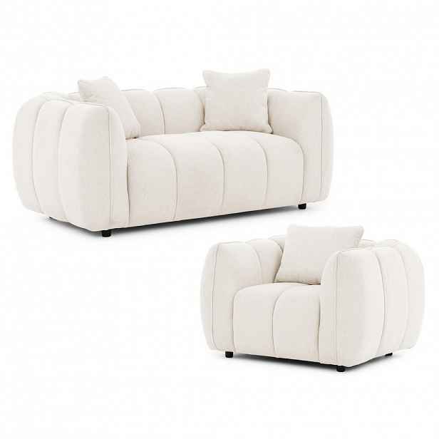 S-Style SEDACÍ SOUPRAVA 2+1 Nubira v hluboce prošívaném designu Bubble z měkké strukturované látky v krémové barvě s moderním vzhledem