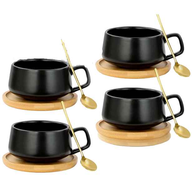 Šálky Na Cappuccino 320 ML S Podšálky A Lžičkami, 4 Ks, Černé