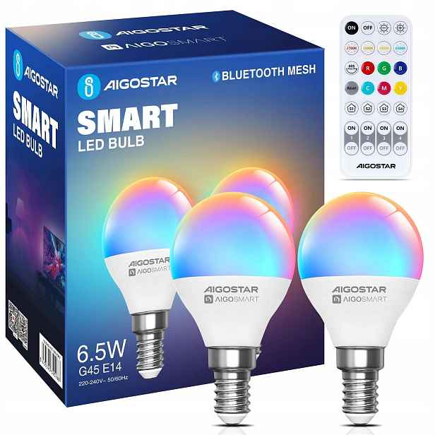 Aigostar – Inteligentní žárovka G45 Mesh Bluetooth, E14, dálkový ovladač – 2 kusy