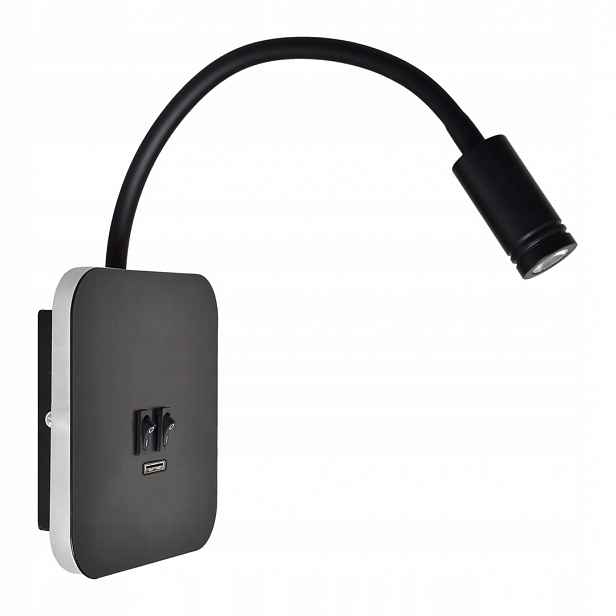 Regulovatelné nástěnné svítidlo Base Černá Usb nabíječka 8W+2W Led nástěnná