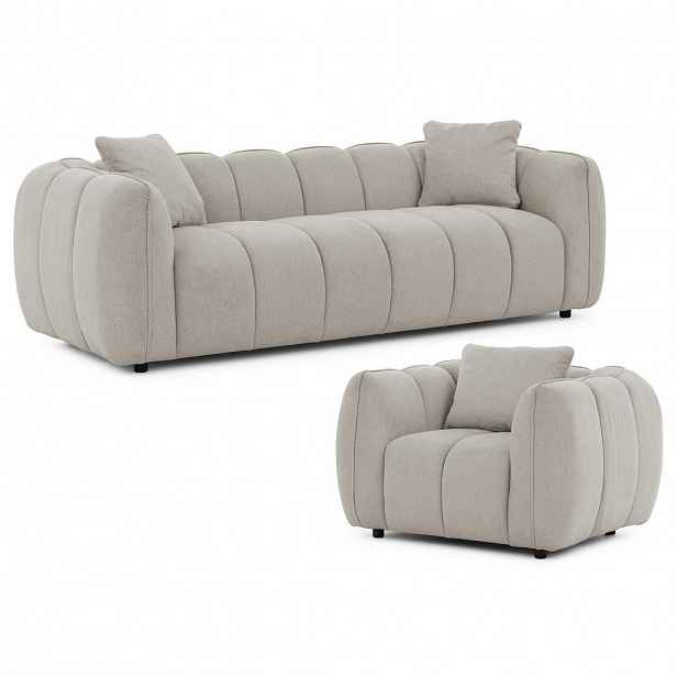 S-Style SEDACÍ SOUPRAVA 3+1 Nubira v hluboce prošívaném designu Bubble z měkké strukturované látky v barvě taupe s moderním vzhledem