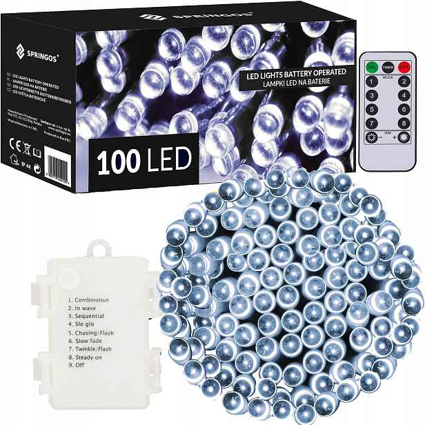 Vánoční Osvětlení Na Stromeček 100 Led 10 m Venkovní Pilot Časovač IP44 Na Baterie Bílé
