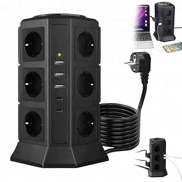 Zásuvková lišta Věž rychlého nabíjení 3x Usb-a 2x Usb 12x Ac Eu 2 m Síťová