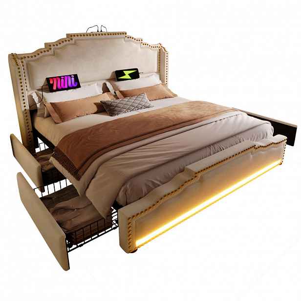 Redom ČALOUNĚNÁ postel 140/200 cm s LED osvětlením, USB a 4 zásuvkami, samet, béžová