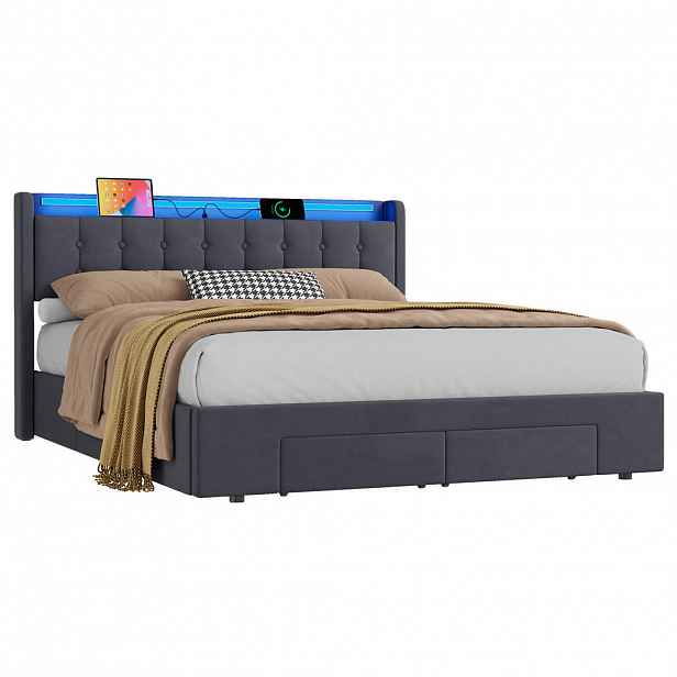 WISHDOR ČALOUNĚNÁ POSTEL 160/200 cm v šedé barvě, s matrací, úložným prostorem, USB, LED a zásuvkami