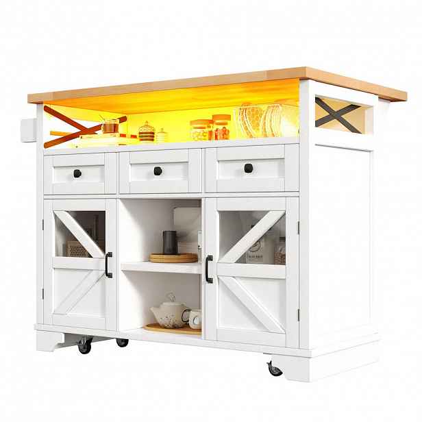 STILVORA KUCHYŇSKÝ OSTROV bílý kuchyňský vozík s LED osvětlením, skládacím stolem a 3 zásuvkami do kuchyně, 120x71x98 cm