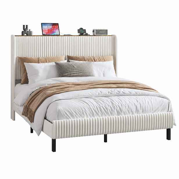 CHICFURN ČALOUNĚNÁ POSTEL 140/200 cm v béžové a krémové barvě z manšestrové látky s křídlovým čelem postele