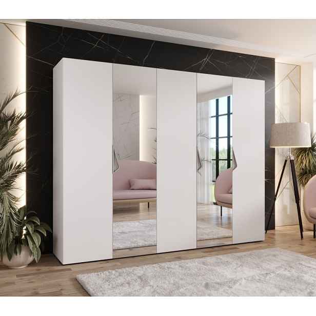 Široká šatní skříň 250 cm AMARIS 2 se zrcadlem - bílá / kašmírové úchyty