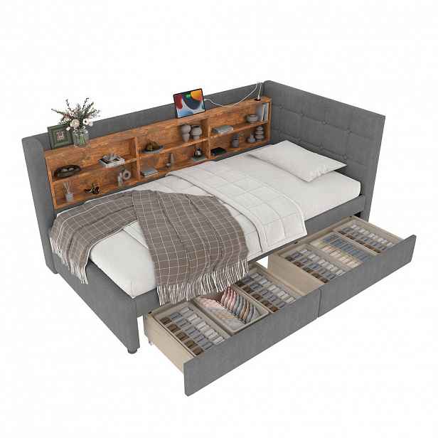 CHICFURN POSTEL 90/200 cm v šedé barvě se 2 zásuvkami, USB, Type-C a policemi