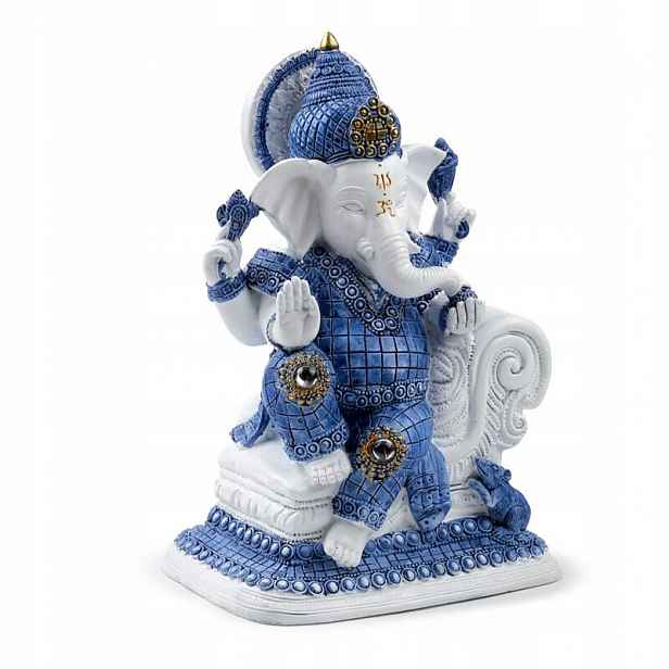 Bílo-modrá meditující soška Ganesh 21,5 cm