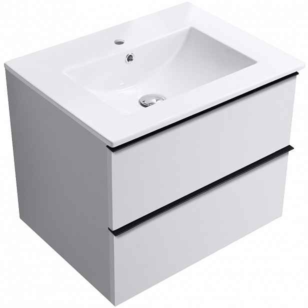 Koupelnová skříňka Velora - bílá matná, úchytka černá + keramické umyvadlo Todo - bílá lesklá - 71x55x46,5 cm