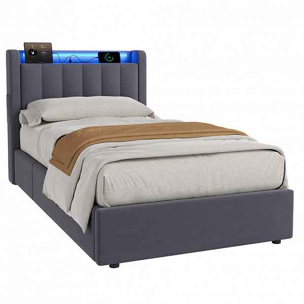 WISHDOR ČALOUNĚNÁ POSTEL 90/200 cm v šedé barvě, s matrací, úložným prostorem, USB a LED osvětlením