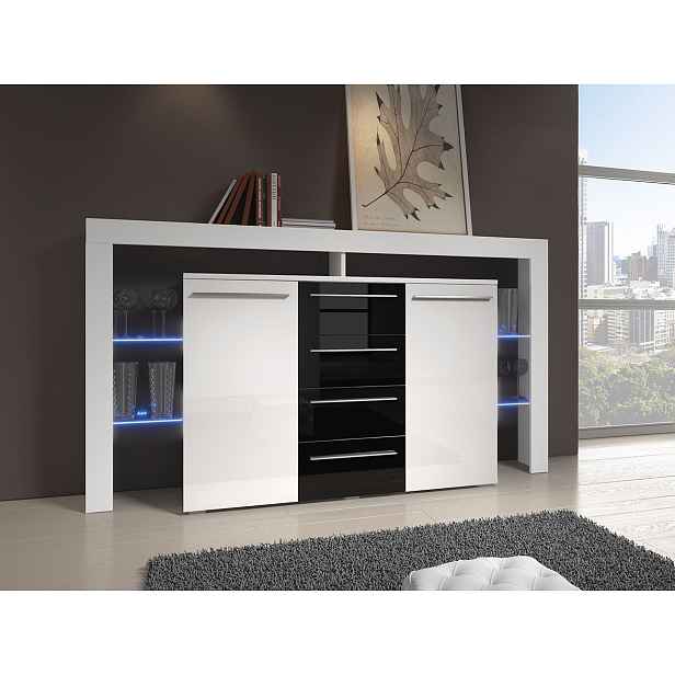 Kombinovaná komoda s LED osvětlením CLANE 1 - bílá / lesklá černá
