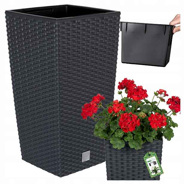 Květináč Květináč Antracit Vysoký Ratan Balkon 50 CM Vložka
