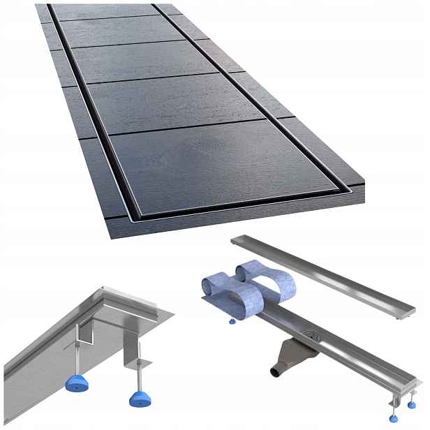 Lineární odtok 70 cm nízký pod desku z oceli, kompletní sada Waterway