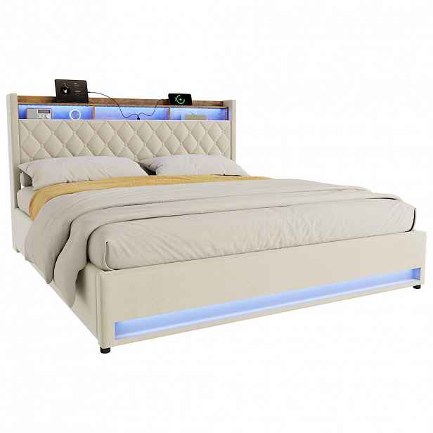 WISHDOR ČALOUNĚNÁ POSTEL 180/200 cm v béžovém sametu, s úložným prostorem, USB, LED, bez matrace