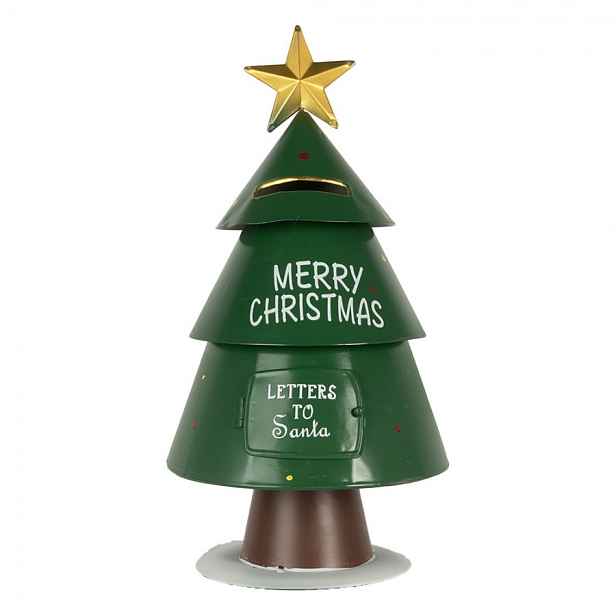 Zelená kovová schránka ve tvaru stromku Letters to Santa - Ø 18*35 cm Clayre & Eef