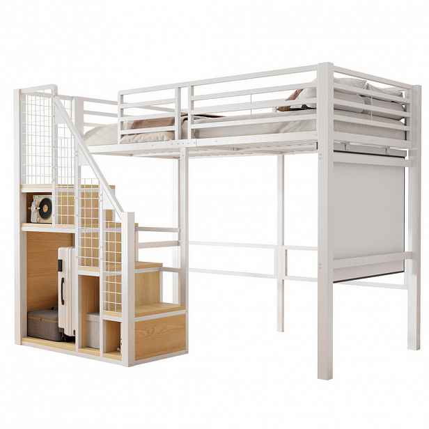 Modfu PATROVÁ postel z kovu a MDF 90x200 cm bílá s úložným prostorem, schody a prostorem pod lůžkem