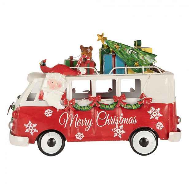 Vánoční kovová dekorace Santa v autobuse a led světýlky - 31*15*21 cm / 2*AA Clayre & Eef