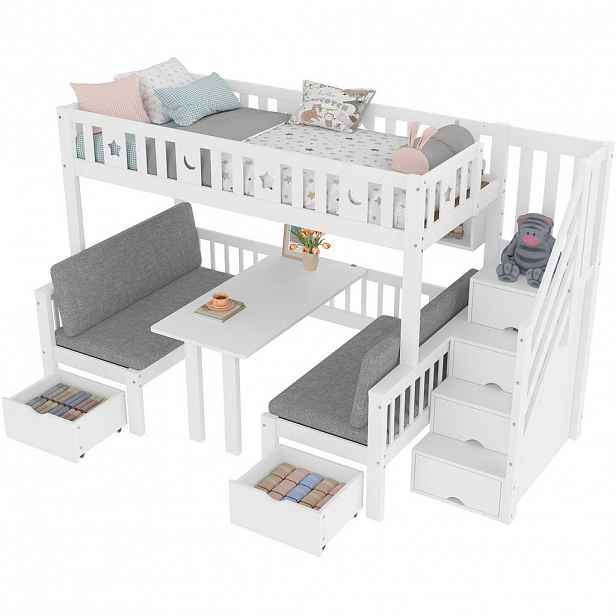 CHICFURN VYVÝŠENÁ POSTEL 90/200 cm v bílé barvě s psacím stolem a úložným prostorem