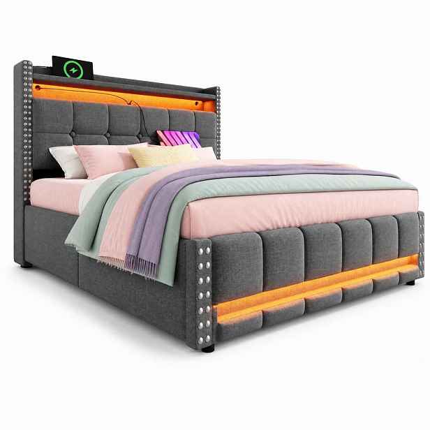 CHICFURN ČALOUNĚNÁ POSTEL 140/200 cm v šedé barvě s úložným prostorem, LED a USB
