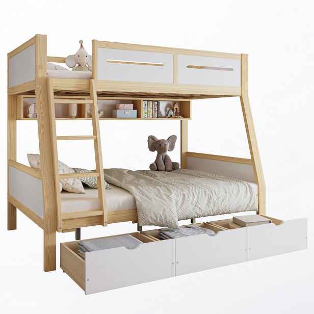 CHICFURN PATROVÁ POSTEL 90/200 cm & 120/200 cm v bílé a přírodní barvě se 3 zásuvkami