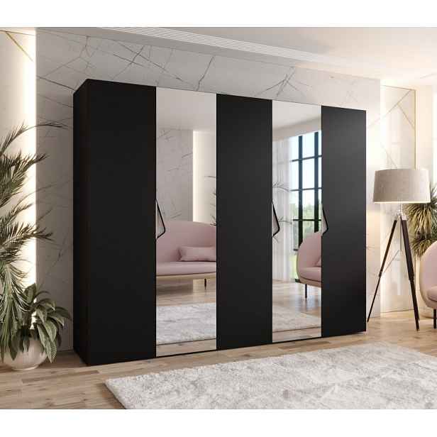 Široká šatní skříň 250 cm AMARIS 2 se zrcadlem - černá / kašmírové úchyty