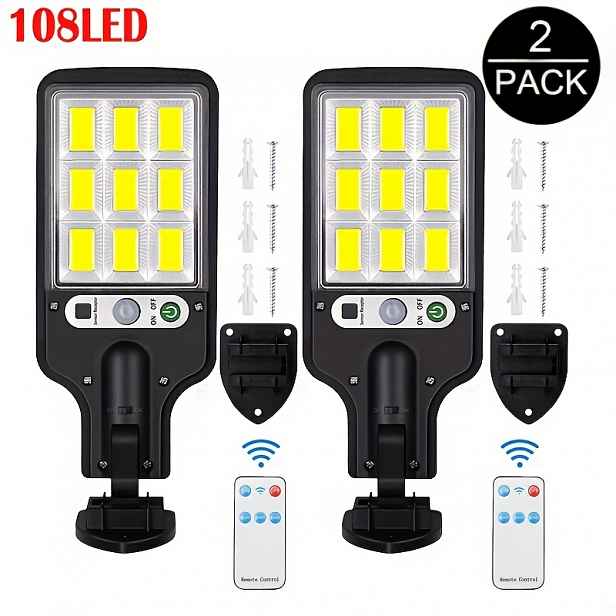 TEMU 2KS Solární pouliční lampa, 108 COB nástěnné světlo s dálkovým ovládáním, venkovní LED zahradní osvětlení se senzorem pohybu a 3 režimy svícení,