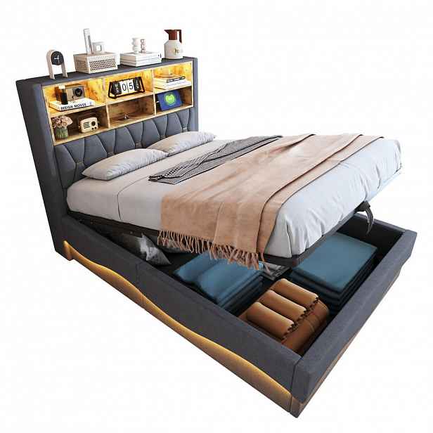 CHICFURN ČALOUNĚNÁ POSTEL 140/200 cm v šedé barvě s úložným prostorem, LED a USB