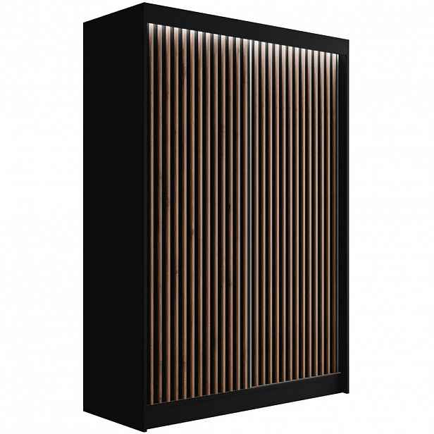 ALTDECOR ŠATNÍ SKŘÍŇ s LED, lamelové posuvné dveře VILANv2 – 150 cm černá + lamely dub wotan