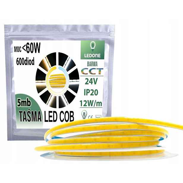 Led pásek Cob úzký 5 mm 24 V 600 diod/m 12 W/mb neonová linka mutiwhite Cct 5 m