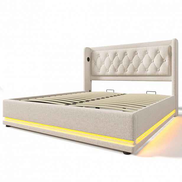 Modfu ČALOUNĚNÁ postel z bavlněné tkaniny 140x200 cm béžová s LED, USB-C a hydraulickým úložným prostorem