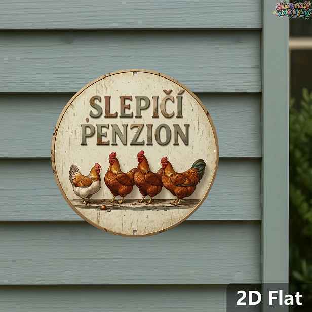 TEMU 2D plochá - [Otevřeno] 2D plochá 2D plochá, 2D plochá cedule, vintage český kulatý kovový nápis s humorným citátem "Slepičí Penzion" a jemnou