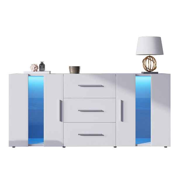 EVRYAE SIDEBOARD Komoda se 3 zásuvkami a 2 dvířky, akrylátový skleněný design, kompatibilní s LED, MDF úložný prostor