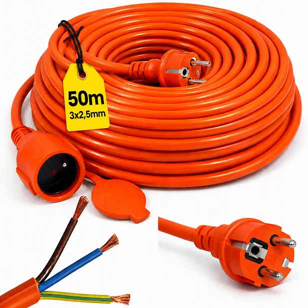 Prodlužovací Kabel 50 m s uzemněním Zahradní stavební 3x2,5 Schuko Silný