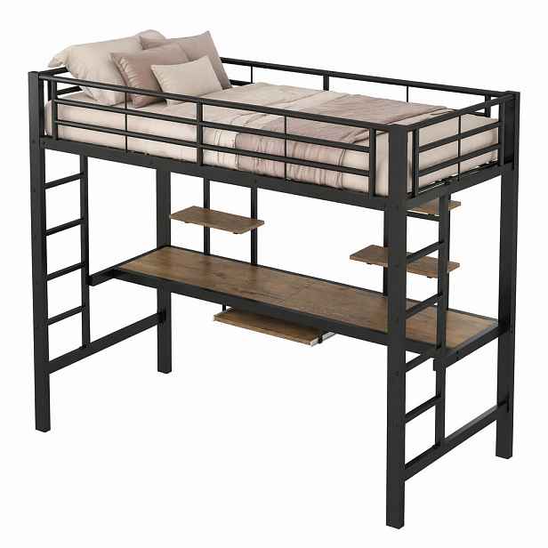 STILVORA PATROVÁ POSTEL 90/200 cm, černá, kovová, s psacím stolem a 2 policemi, minimalistický design