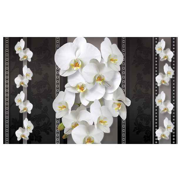 Tapeta Orchideje Damašek bílé květy vinylová na tmavém pozadí 368x254 lepidlo