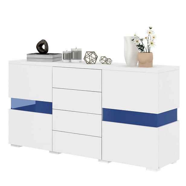 EVRYAE SIDEBOARD TV skříňka vysoký lesk LED 16 barev 4 zásuvky dřevotříska moderní obývací pokoj multifunkční