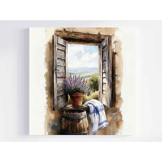 Obraz Na Plátně Canvas Akvarel Provence Okno Pohled Levandule Květiny 50x50