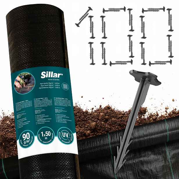 Silná Zahradní Agrotextilie Černá 1x50 m 90 g/m² Podložka Na Plevel x100 Kotvy